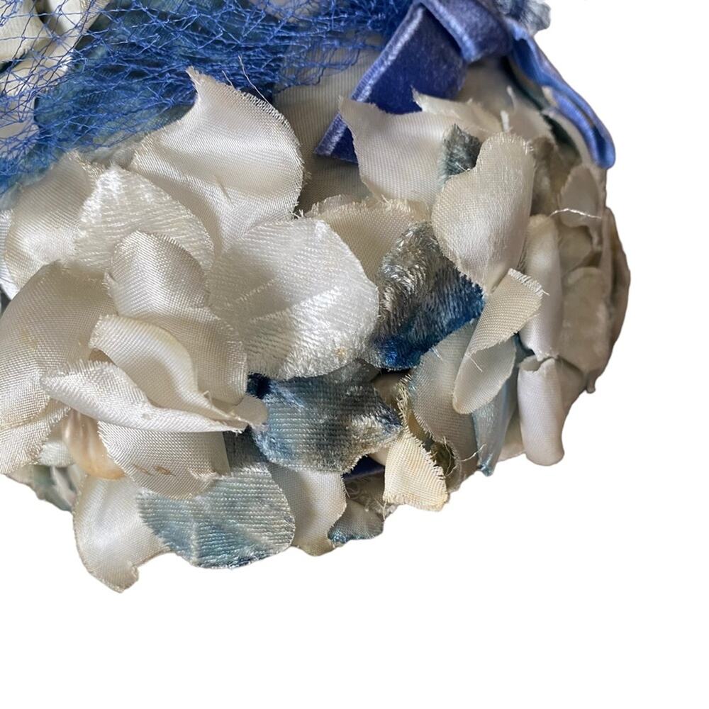 Vintage Miss Kathy New York Silk Floral Velvet Bow Cloche Hat Gatsby Blue Cream - Picture 2 of 8